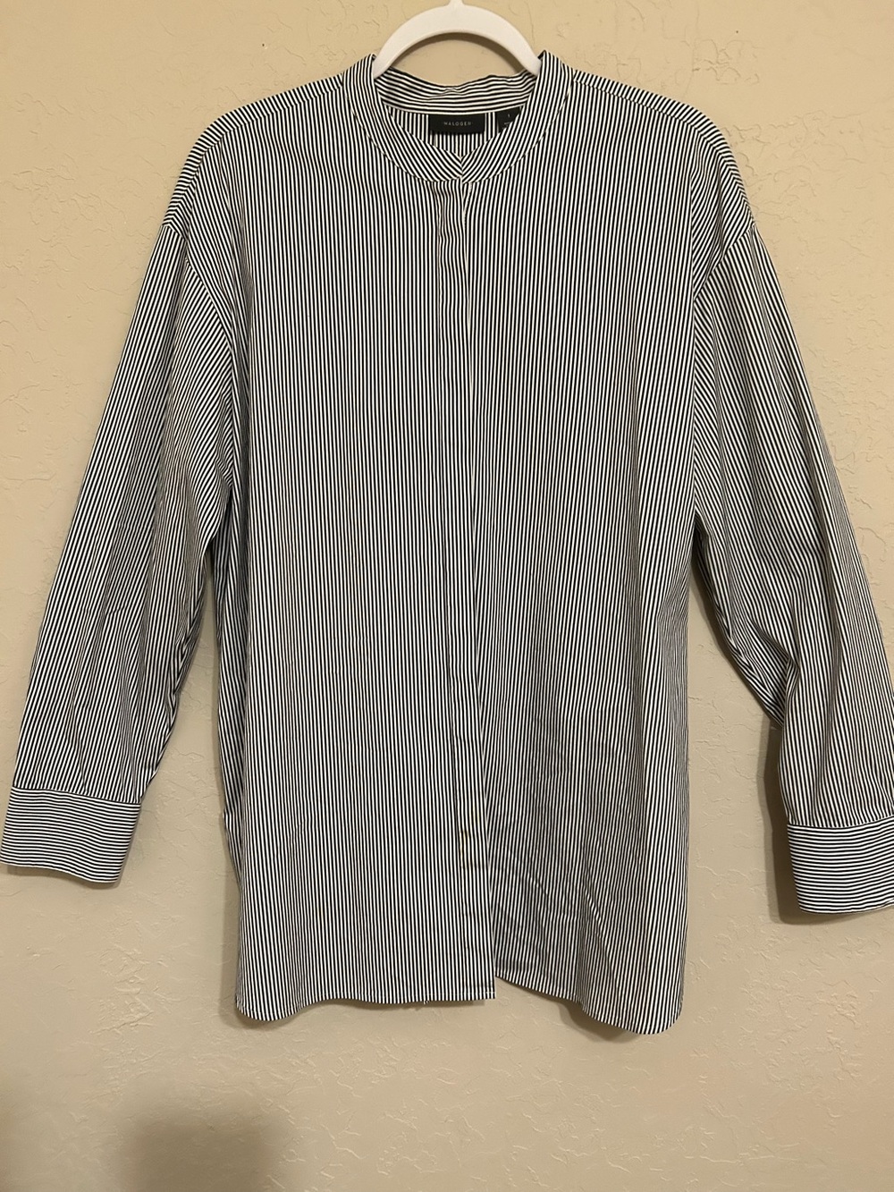 Halogen Black & White Vertical Pinstripe Mandarin Collar Shirt